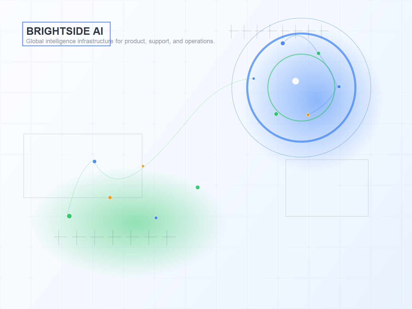 Abstract AI network visualization with rings, nodes, and technical grid lines.